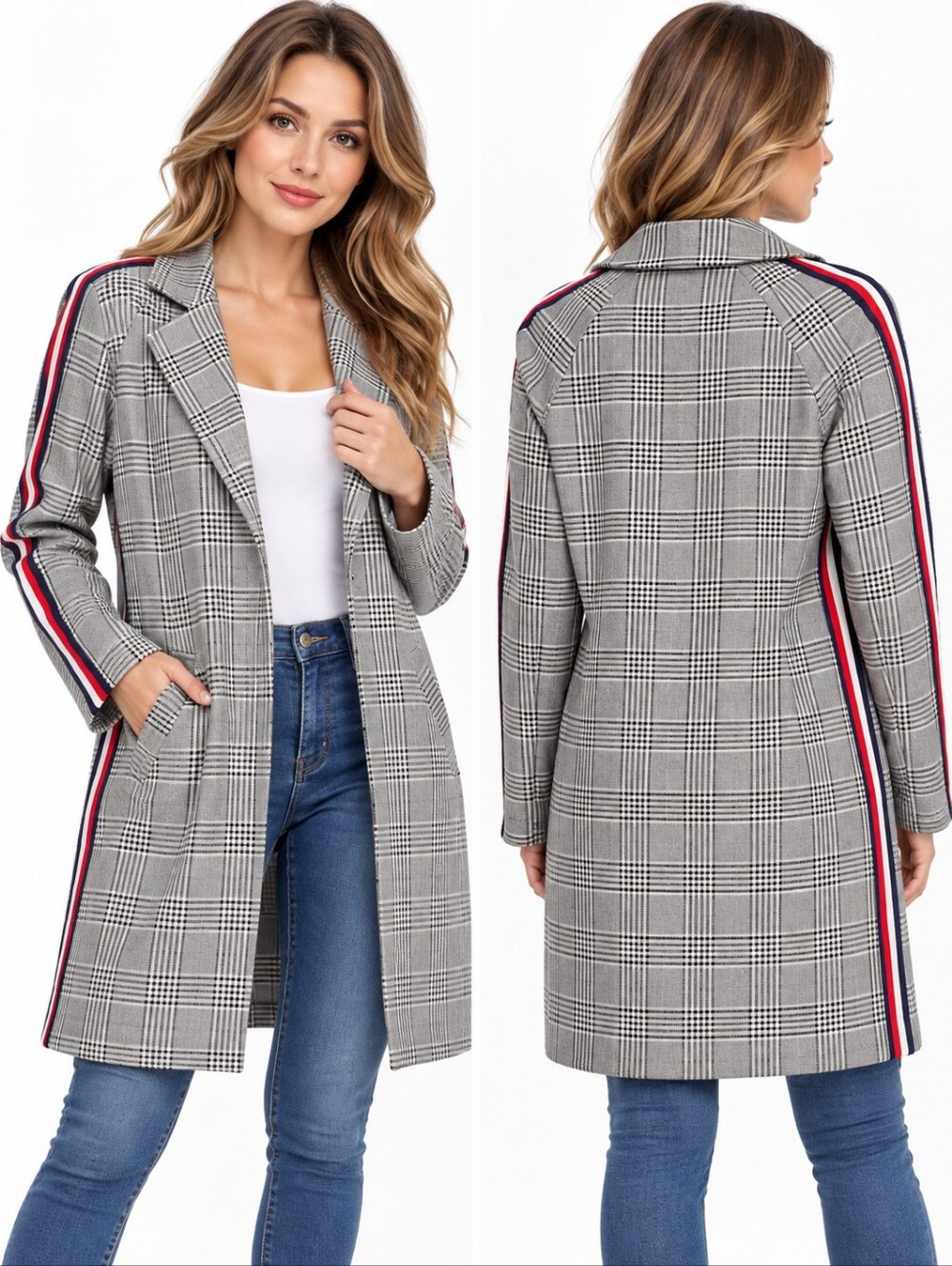 ASOS Women’s Plaid Longline Blazer Coat Size 6 NWT Side Stripe Gray Black